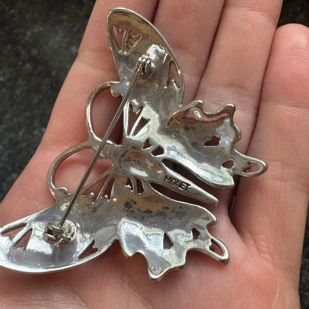 Monet Butterfly Brooch Silver Tone Enamel Purple Rhinestone Vintage Pin